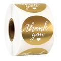 Roll of gold foil thank you stickers with white script and heart for gift packaging - 1.5 inch (38mm) / Gold