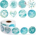 Rouleau de 500 étiquettes de remerciement aux motifs marbrés et floraux bleus et teal - Série Florale Sarcelle Aquarelle (A) / 1 Pouce (25mm)-500 Pcs/Rouleau