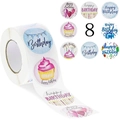 Rouleau de 500 autocollants Joyeux Anniversaire avec cupcakes et ballons pour emballages - 1 pouce (25mm) / Motif de Thème d'Anniversaire (A)