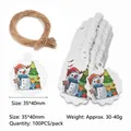 100-delige kerstlabels van kraftpapier met sneeuwpop en boom inclusief hennep touw - Sneeuwpop en Kerstboom Patroon (L-29)