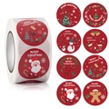 Detail of red Merry Christmas stickers roll with Santa, snowman, and reindeer patterns - 500 Pieces/Pack / Style E