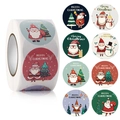 Detail view of 8 different Christmas round stickers on a roll with festive cartoon designs - 500 Pieces/Pack / Style G