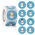 Detail view of round Merry Christmas stickers featuring eight cartoon snowman designs - 500 Pieces/Pack / Style I