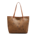 Brown faux leather tote bag with all-over letter print and large shoulder straps - Khaki (Large Letters)