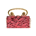 Red metallic evening clutch bag with gold lion head handle and sleek chain strap - Red