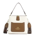 Borsa a secchiello bicolore beige e marrone con ampia tracolla in jacquard ricamato - Bianco Sporco