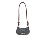 Denim underarm bag with silver bow accent and pearl chain strap on white background - Blue