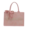 Bolso tote rosa con estampado Toile de Jouy, pañuelo de seda y cinta decorativa - Rosa