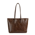 Vintage dark brown tote bag in glossy textured leather with long shoulder straps - Brown