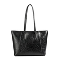 Fashionable black vintage faux leather tote bag with glossy wrinkled texture for work - Black