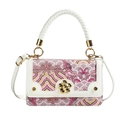 Roze en witte crossbodytas met bloemengouden slot en een gevlochten handvat - Roze Wolkenpatroon Stijl / Wit en Roze