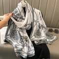Elegant European style printed silk scarf with chain and floral pattern in white and grey - Palace Medallion Chain Style / White
