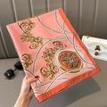 Detail of coral silk scarf with golden baroque pattern and chain print on satin fabric - Baroque Emblem Chain Style / Dusty Pink