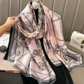 Elegant silk scarf with pink baroque floral patterns and chain motifs for women - Baroque Scroll Floral Style / Light Pink