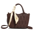 Dark brown leather bucket bag with silk scarf and woven texture pattern on front - Brown