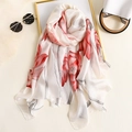 Elegant silk-feel scarf featuring red lotus floral prints and high-quality glossy finish - 90x180cm / Beige