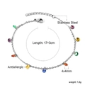 Detail view of colorful gemstone bracelet in stainless steel with length and weight specs - Silver Fine Chain Multi-Color Round Zirconia Style (BR26290MS)