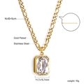 Detailed view of gold plated stainless steel rectangle pendant necklace with size specs - Gold Clear Stone Style(NE2B430AG)