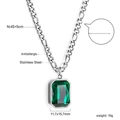 Close-up of emerald-cut green gemstone necklace with Figaro chain and size specs - Silver Green Stone Style(NE2B430JS)