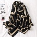 Modern geometric large square scarf in black and beige cotton linen feel fabric - Long Style / Black Beige