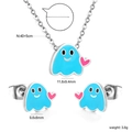 Ghost jewelry set with blue enamel pendant and pink heart on silver necklace and studs - Blue Heart Ghost Style-Silver (SE26390MS)