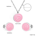 Detailed view of pink enamel swirl necklace and stud earrings set with size measurements - Silver Pink White Swirl Style (SE25930FS)
