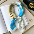 Detailed view of square silk scarf with chain pattern and elegant high heel designs - Sky Blue (W-151)
