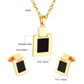Gold stainless steel jewelry set with black shell inlay and size measurement details - Gold Rectangle Black Shell Set (SE241801G)