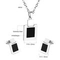 Detail of square black shell jewelry set with dimensions of necklace and earrings - Silver Rectangle Black Shell Set (SE241801S)