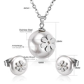 Detailed dimensions of stainless steel pearl floral necklace and stud earrings set - Silver Flower Style (SE216501S)