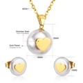 Gold plated stainless steel jewelry set with heart patterned pearl necklace and earrings - Gold Heart Style (SE216401G)