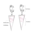 Detail of silver stainless steel triangle earrings with pink shell inlay and dimensions - Silver Pink Shell Style (EA52490AS)