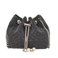 Black bucket bag with silver rhinestones, chain strap, and pearl drawstring detail - Silver