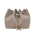 Sparkling rhinestone bucket bag in beige with silver chain and pearl accents - Khaki