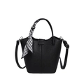 Black lychee texture bucket bag with a stylish geometric print silk scarf handle - Black