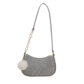 Gray felt shoulder bag with quilted V-patterns, golden chain strap, and white fuzzy charm - Grey with Charm