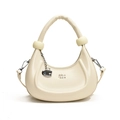 Chic beige half-moon handbag in smooth leather with metal G-pendant and ball-knot details - Moonlight White