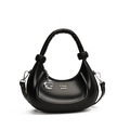 Minimalist black glossy crescent hobo bag with silver G-charm and detachable strap - Versatile Black