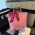 Pink canvas wedding tote with bamboo handles and red silk ribbon and double happiness pattern - Pink