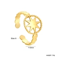 Detail of 18K gold plated wavy ring with hollow sunburst star and size dimensions - Gold Starburst Medallion (RI162308G)