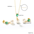 Detailed view of jewelry set with green gemstones, white pearls and size specifications - Waterdrop-shaped Green Zircon Pearl Style (SE26460JG)