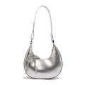 Silver hobo bag with metallic finish, Fashion text print and beaded bow pendant - Silver (With Pendant)