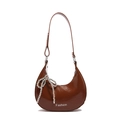 Brown moon-shaped hobo shoulder bag with pleated texture and silver bow charm - Dark Brown (With Pendant)