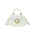 White faux leather crossbody bag with crocodile texture and gold sun buckle detail - White