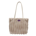Plüsch-Tragetasche in Beige mit vertikalen Streifen und Fashion Girl Aufnäher - Beige