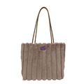 Brown fuzzy tote bag with vertical stripes and Fashion Girl logo for autumn/winter - Khaki