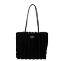Black plush tote bag with vertical stripes, fashion girl patch and faux leather straps - Black