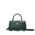 Dark green crocodile texture handbag with sparkling rhinestone bow and wavy flap - Green