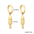 Detail view of gold fish drop earrings with textured scales and size measurements - Fish Style (EA5C6301G)