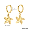 Gold stainless steel starfish hoop earrings with textured surface and size details - Grained Starfish Style (EA5C6201G)